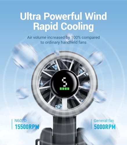Diveblues Portable Handheld Fan, High-Speed Turbo Portable Fan, LED Display, Up to 12 Hours, 4000mAh Battery, 5 Wind Gear, Rechargeable small Hand Fan for Travel/Commute/Outdoor, Gifts for Women — view 2
