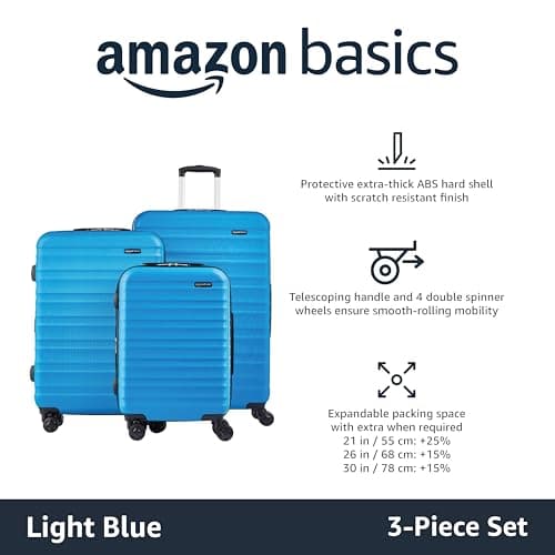 Amazon Basics Hard Shell Luggage Set (Small + Medium + Large) - Expandable ABS Travel Luggage with 4 Double Spinner Wheels - Scratch Resistant and Lightweight Construction - Light Blue — view 2