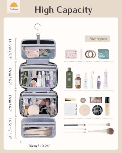 Chakipee Travel Hanging Toiletry Bag for Women - Foldable Toiletries Waterproof Organizer with Clear Window, Lightweight Wash Bags for Essentials, Makeup, Shampoo，Black, Medium — view 2