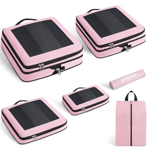 Prezon Compression Packing Cubes for Carry on Luggage, Full Open & Mesh Visible Design, 6 Set Expandable Travel Packing Organizer with Laundry Bag and Shoe bag for Vacation, Camping, Business