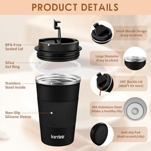 KETIEE Travel Mugs, 380ml Insulated Coffee Cup with Leakproof Lid,Reusable Coffee Travel Cups,Coffee Travel Mug,Double Walled Coffee Mug,Stainless Steel Thermal Mug for Hot Cold Drinks,Black — view 2