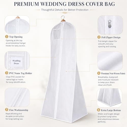 Hanging Wedding Dress Cover 180x60x40cm, Bridal Gown Garment Cover Storage Bag, Full Length Travel Protector for Bridal Dress, Long Clothes Storage Cover, Dust Proof Garment Bag with Zipper for Women — view 3