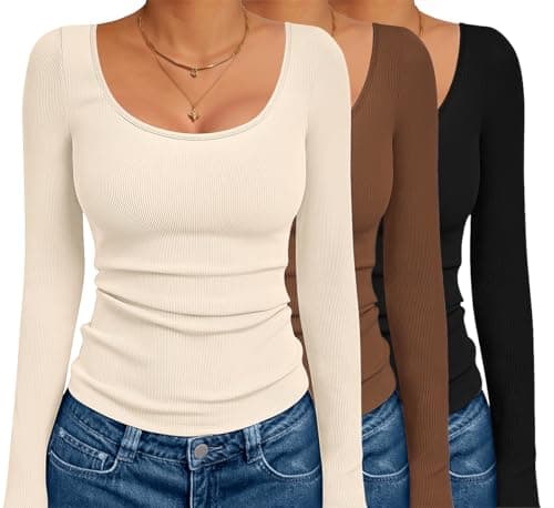 Ekouaer 3 Pack Women's Thermal Long Sleeve Ribbed Tops, Black/Brown/Beige S