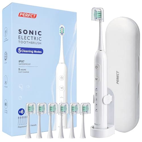 PERECT Electric Toothbrush for Adults, Rechargeable Sonic Toothbrush Travel-Ready Kit with Travel Case, 6 Replacement Brush Heads, 5 Modes 3 Intensities, 2-Minute Smart Timer, IPX7 Waterproof, White