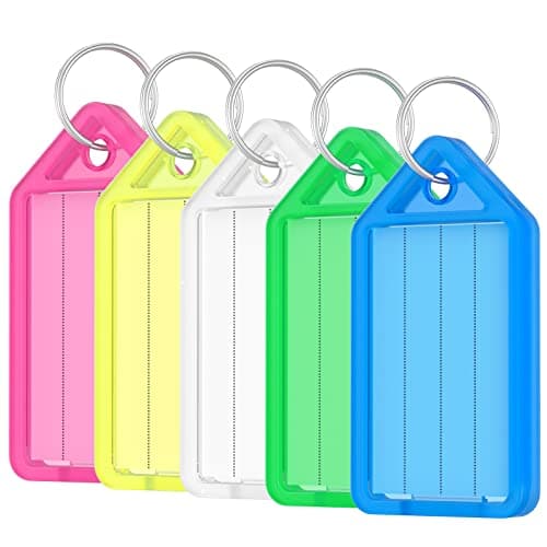 Uniclife 20 Pieces Key Tags 5 cm Plastic Key Chain Tags with Ruled Blank Paper Labels Transparent Covers and Split Rings Sturdy Item Identifiers, 5 Colors