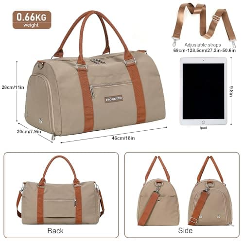 FIORETTO Womens Gym Sports Bag Travel Bag with Shoes Compartment & Wet Pocket, Weekend Overnight Duffle Hospital Bag Carry On Holdall for Travel Swimming Khaki — view 3