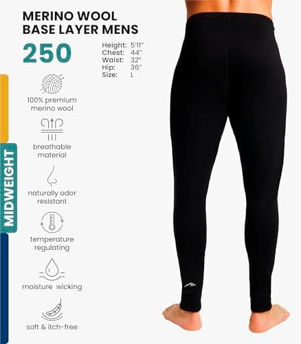 100% Merino Wool Base Layer Men Leggings Pants - Thermal Underwear + Socks (Small, Black 250) — view 2