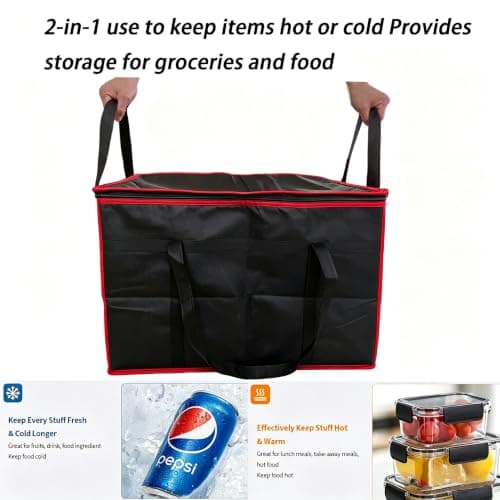 Surbootime 77L Insulated Food Bag for Cars, Suitable for Food Delivery/Zip-Lock Shopping, Reusable, Extra Large Capacity, Reinforced Bottom, Ideal for Camping, Family BBQs, and Picnics (Red & Black) — view 4