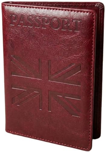 MOIRENTO Passport Wallet - Union Jack Style Embossed Logo, Slim Ticket Holder with Passport Slot - Wine Red UK Passport Cover, Mens Travel Wallet, Womens, Passport Holder, British Passport Case WRed
