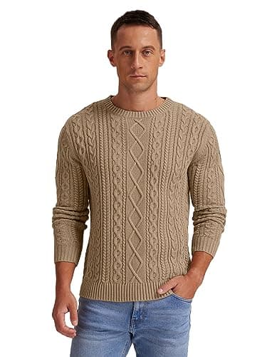 Hisir Men's Cable Knit Jumper, Thick Warm Crew Neck Winter, Khaki, XL — view 2