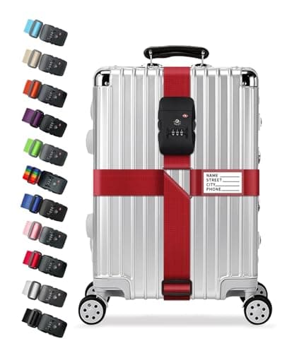 Cross Luggage Straps with TSA Lock, Adjustable Suitcase Belts for 20–32 Inch Luggage, Heavy Duty Travel Straps with 3-Digit Combination Lock & Name ID Tags, Secure Travel Accessories (Red)