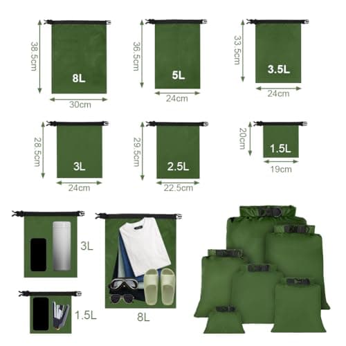 vsshe Waterproof Dry Bags 6PCS, Lightweight DryBags, Compression Sack Canoe Bag with1.5L, 2.5L, 3L 3.5L, 5L, 8L Sacks Bag for Kayaking Rafting Boating Hiking Camping Travel Backpacking Green — view 2