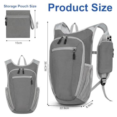 HOTUT Ultra Lightweight Foldable Backpack, 10L Hiking Backpack, Water Resistant Travel Day Bag for Men Women, Packable Rucksack Daypack for Cycling Climbing Travelling Camping Sports Outdoor (grey) — view 2