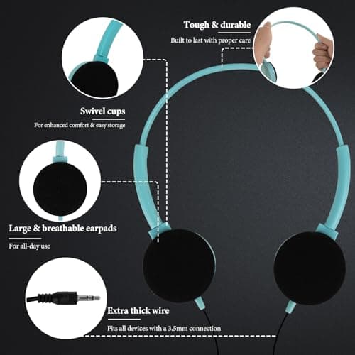 GEEKRIA 12 Pack Wired Classroom Headphones, Adjustable On-Ear Headsets for Students, School, Library, Computer Lab & Testing Centers, Bulk Pack (Circle Earcups) — view 4