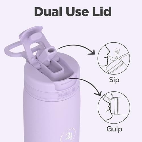 Fuel24 Duo - Stainless Steel Water Bottle 700ml or 1L - Vacuum Insulated Metal Flask with Straw (Dual use Lid) 1 Litre - for Sports, Gym, Work – Slim Design (Lavender, 700 ml) — view 2