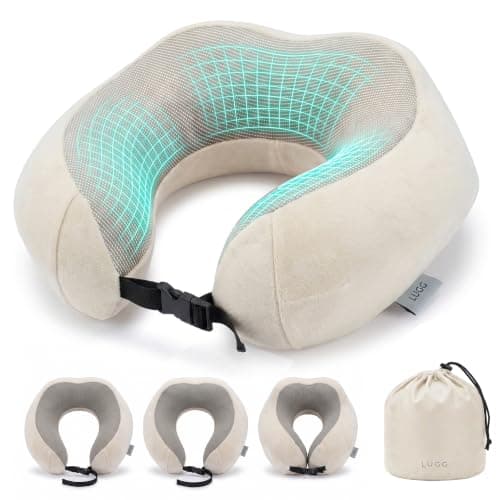 LUGG Memory Foam Travel Pillow – 360° Ergonomic Neck & Head Support, Slow Rebound Cushioning, Breathable Cover, Lightweight U-Shape Pillow for Flights, Trains & Cars, Includes Storage Bag - Stone