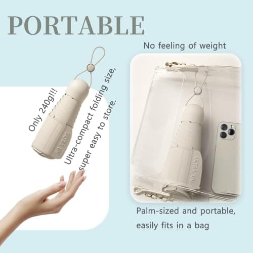 Travebo Mini Travel Folding Umbrella With Retractable Rope and Wide Umbrella Strap, Portable, Small Compact, Case, Water Proof, UV Protection,Sun Rain, 240g, 6 Ribs,Child Women — view 6