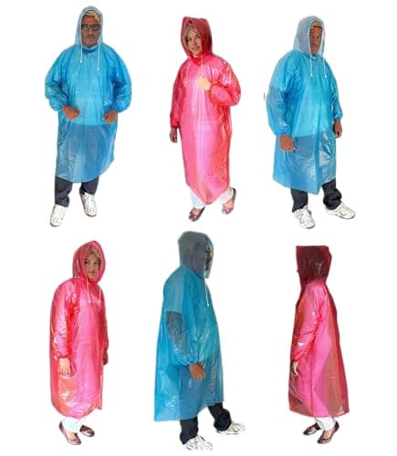 Start and Drive Ltd, Poncho Rain Coat Long Sleeve Waterproof Plastic Adult Size Disposable Ponchos with Hoods Emergency Raincoats (UK, Alpha, One Size, Regular, Regular, Mix (3 Blue + 3 Red))