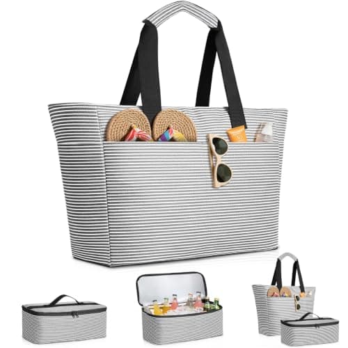 ISEYOU Beach Bag and Cooler Bag Set, Extra Large 45L Waterproof Beach Bags for Women with Zip, Foldable Family Beach Tote Bag with 8 Pockets, Ideal for Pool, Picnic, Shopping, Travel