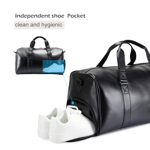 Travel Duffel Bag with Shoe Compartment, 35L Faux Leather Weekender Overnight Bag, Compact Carry On Travel Tote Gym Bag for Men and Women, Waterproof, Black Duffel Bag — view 5