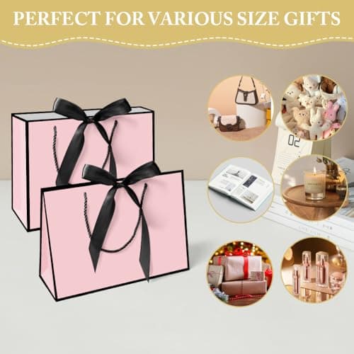 AMFUN 2PCS Medium Pink Gift Bag, Paper Gift Bag with 4 Wrappers and 2 Cards,Present Bags with Handles,Pinks Paper Bags for Women Valentines Girls Bridesmaid Birthday Wedding Party (Pink-Black) — view 5