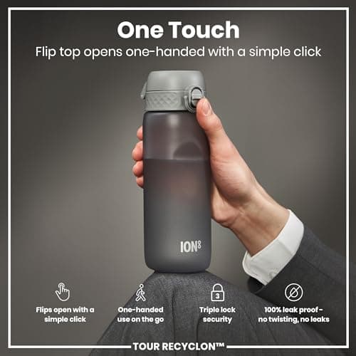 ION8 Sports Water Bottle, 750 ml/24 oz, Leak Proof, Easy to Open, Secure Lock, Dishwasher Safe, BPA Free, Flip Cover, Carry Handle, Soft Touch Contoured Grip, Easy Clean, Odour Free, Grey — view 3