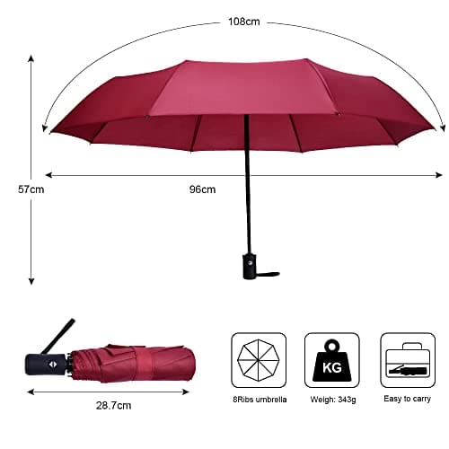 Vicloon Travel Umbrella, Folding Umbrella, 8 Ribs Compact Windproof Umbrella, Auto Open/Close, Sturdy Reinforced Canopy Automatic Portable Umbrella for Men&Women (Wine Red) — view 3