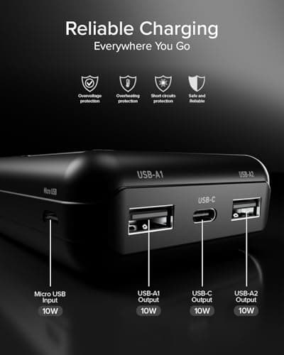 SBS Solar PowerBank, 10000mAh, Power Bank with Solar Panel, Fast Charging, Intelligent Charge (IC), Charging LED, 1 USB-C, 2 USB-A, Portable Travel Charger, Compact Design, Black — view 4