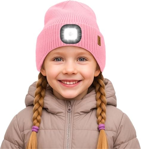 ATNKE Kids LED Lighted Beanie Cap,USB Rechargeable 4 LED Ultra Bright Running Headlamp Hands Free Head Torch Winter Warm Knitted Hat with Lined Fleece Gifts for Boys and Girls/Pink