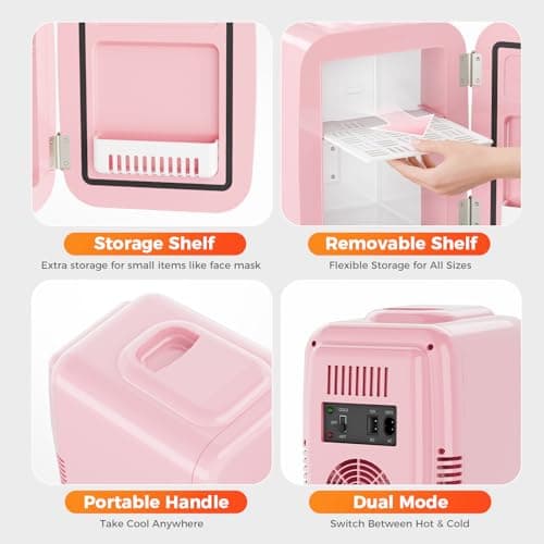 YASHE Mini Fridge, 4 Liter/6 Cans Portable Cooler and Warmer, AC/DC Power Small Fridge, Quiet Desk Skincare Fridge for Beauty Drinks Medicine, Mini Fridge for Bedrooms Office Dorm Car Travel, Pink — view 4