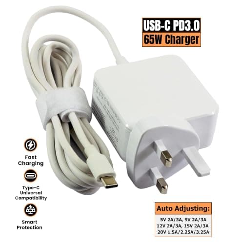 Lite-am 65W USB-C Fast Charger PD 3.0 UK Plug Power Adapter with Type-C Cable White For Amazon Eero Pro-6 mesh WiFi Router, Fire HD 8 — view 3
