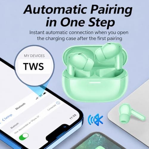 XuLinSe Wireless Earbuds Bluetooth 5.3 Headphones, In Ear Bluetooth Earphones with 4 Mics, IPX7 Waterproof Ear Buds, 10mm Drivers, Touch Control, Auto Pairing, HiFi Stereo Sound (Green) — view 3