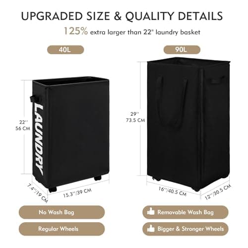 DOKEHOM 90L X-Large Rolling Laundry Basket Hamper on Wheels, Black — view 3