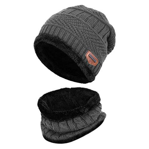 HIDARLING Kids Winter Hat Scarf Set - Warm Thermal Knitted Beanie Cap Snood Neck Warmer Outdoor Sports Soft Fleece Lining Elastic for Children Boys Girls Aged 5-10 (Grey)