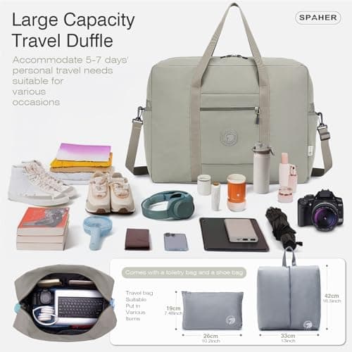 SPAHER Travel Duffle Bag Cabin Bag 55x40x20 Ryanair TUI Airways Lufthansa 45L Carry-on Hand Luggage Lightweight Foldable Packable Overnight Holdall Waterproof Travel Handbag Suitcase Bag — view 3