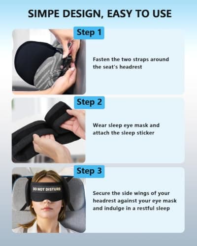 VORINA Travel Pillows for Airplanes, Airplane Pillow for Long Flights Sleeping Travel, Airplane Head Strap with Eye Mask 360° Support Headrest for Plane Road Trip Sleep, Stop Head Bobbing（Black） — view 5