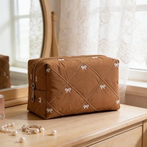 PureBowlic Chic Bow Quilted Travel Makeup Bag For Women, Spacious Polyester Cosmetic Organizer For Stylish Design, Portable Toiletry Storage Pouch,For Beauty Products And Daily Use(Red Bow) — view 5