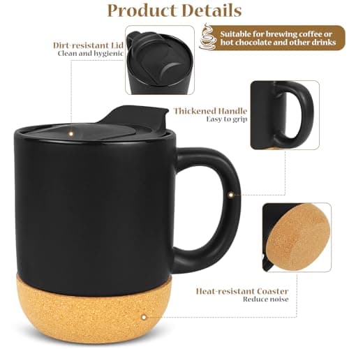 Hioph Ceramic Travel Mug with Lid and Handle, 400ML Coffee Cup(Black) — view 4