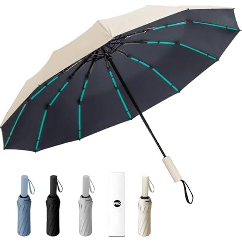 YUNYU Large Umbrella Windproof Strong, Compact Umbrella 12 Ribs Auto Open & Close Folding Travel, 106cm UV Rain Protection for Men and Women, Beige