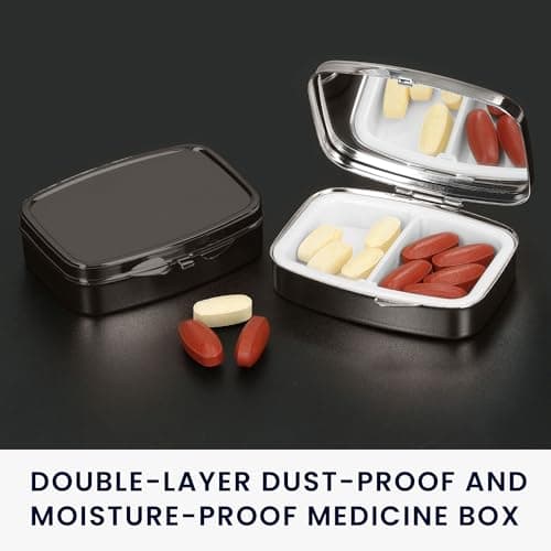 kwmobile 2X Pill Box Stainless Steel Black - Portable Travel Box, Organizer for Tablets, Supplement Holder, Metal Case Storage, 2 Compartments for Medicine — view 2