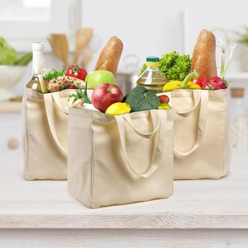 Tosnail 3 Pack Canvas Grocery Tote Bags with 8 Pockets, Large Reusable Beach Bag Baby Changing Bag with Long Shoulder Strap and Short Handles, 35.5x24.5x38cm — view 3