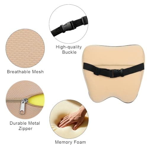 Alaoo Car Neck Support Pillow, Car Seat Headrest for Relieving Neck Fatigue with Adjustable Strap, Soft Memory Foam and Breathable Removable Cover for Passenger or Driver, Beige with Black Trim — view 3