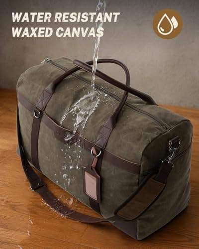 Gonex Waxed Canvas Duffle Bag for Travel, Water-resistant Vintage 55L Duffel Weekender with Shoes Compartment & Luggage Tag, Heavy-duty Overnight Bag with Suitcase Handle Sleeve for Men, Army Green — view 3