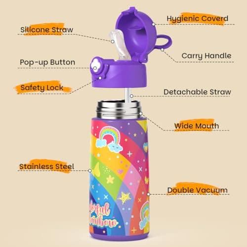 ntskood Girls Unicorn Water Bottle for School,Kids 16 oz Insulated Stainless Steel Cup with Straw, Double-Wall Vacuum Leakproof（Unicorn） — view 4