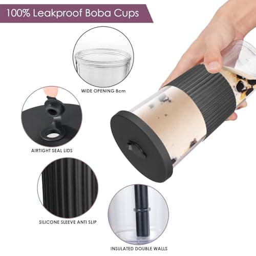 2 Pack Reusable Bubble Tea Cups, 750ml/24oz Travel Water Tumbler with Straw & Lid, Leakproof Clear Plastic Mug Cup, Double Wall Smoothie Tumbler with Wide Straw for Bubble Tea, Milkshake, Iced Coffee — view 5