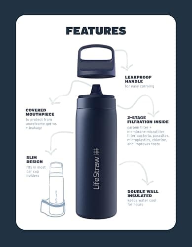 LifeStraw Go Series – Double Wall BPA-Free Vacuum Insulated 18 oz Stainless Steel Water Filter Bottle for Travel and Everyday use; Aegean Sea — view 3