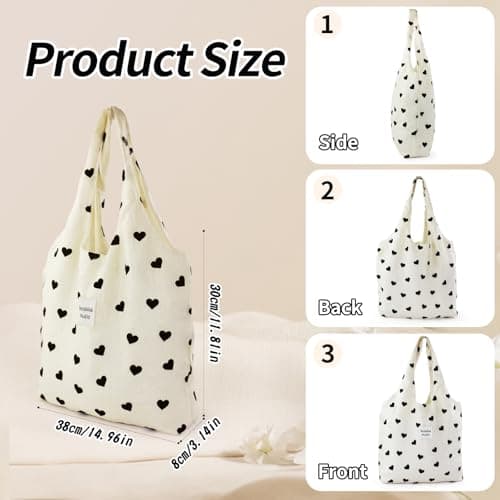 WisePoint Cute Tote Bag, Sparkling Lightweight Foldable Tote Bag with Inner Pocket, 20L Heart Print Soft Summer Beach Bag for Travel, Shopping (White) — view 4