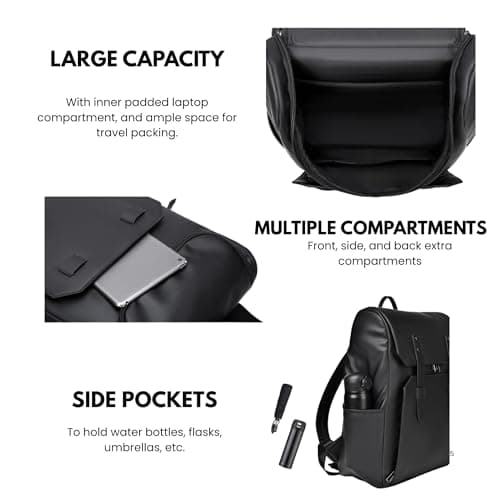 nusrah Travel Backpack for Men Women, Flight Approved Leather Laptop Backpack 15.6, 16 Inch, Water Resistant Anti-Theft Weekender Bag, Casual Daypack Rucksack (Black) — view 5