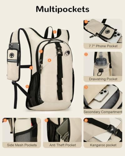 Outplea 15L Foldable Hiking Backpack Men Women, Small Ultralight Casual Daypack with Phone Holder for Outdoor Walking Travel, Beige — view 3