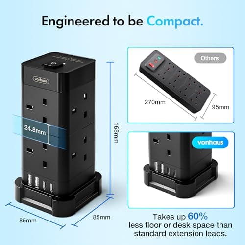 VonHaus Tower Extension Lead (3250W 13A), Surge Protection Extension Socket with 8 AC Outlets, 2 USB Ports & 2 USB-C Ports for Faster Charging, 2M Plug Lead w/Switch for Office, Home, Kitchen — view 6